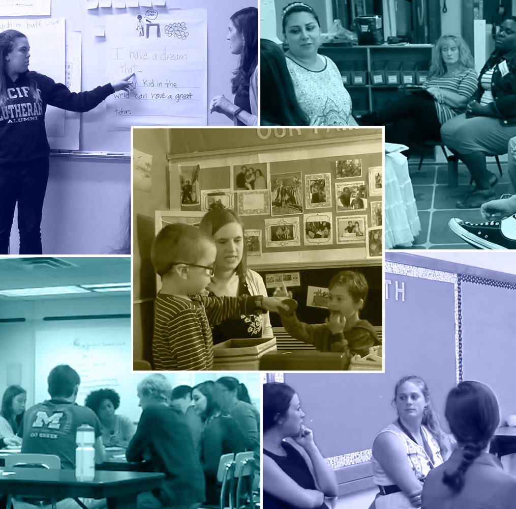 Collage of adults in classroom settings.
