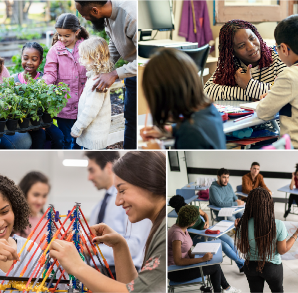 Collage of four photos featuring educators engaged with their students.