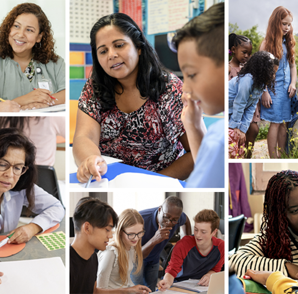 Collage of teachers assisting student teachers and students.