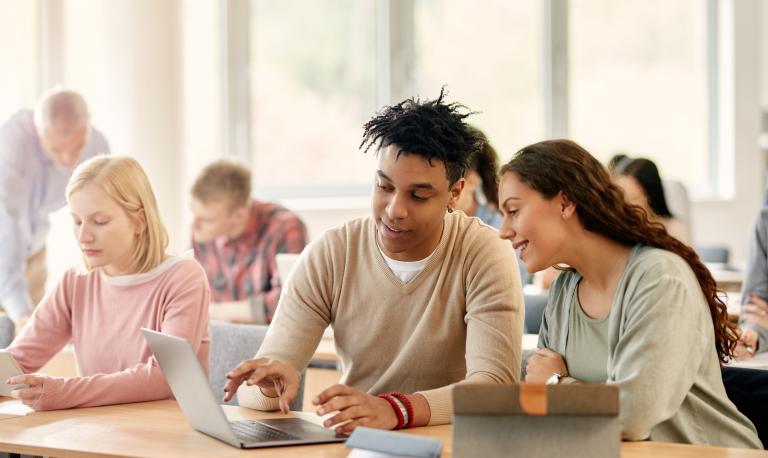 Two college students working collaboratively.