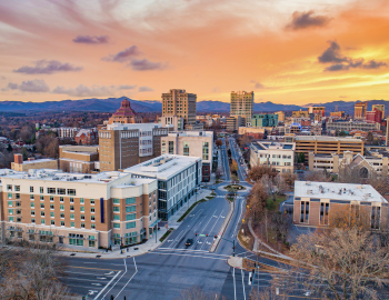 Skyline view at sunset of Asheville, North Carolina.