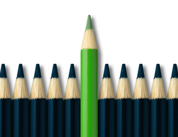 Row of black pencils with a green pencil centered and slightly higher.