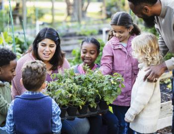 Teacher showing plants to students in an outdoor nursery.