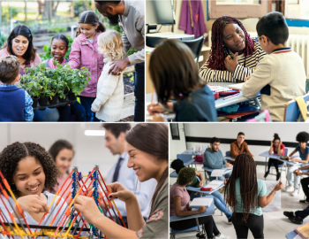 Collage of four photos featuring educators engaged with their students.