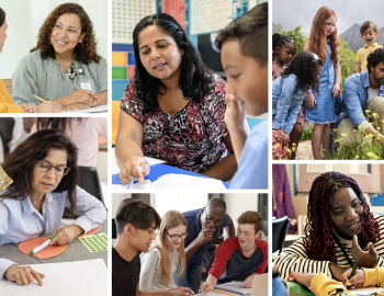 Collage of teachers assisting student teachers and students.